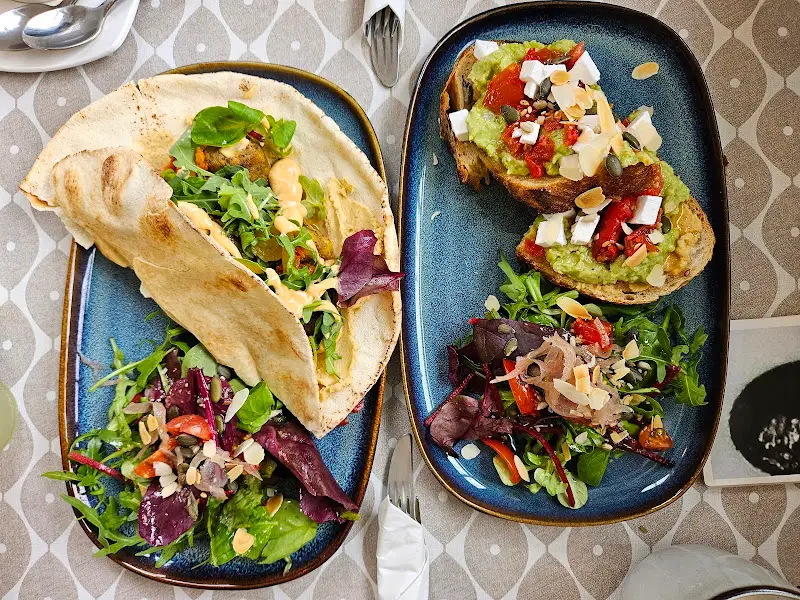 BBQ jackfruit wrap and avocado toast with feta and side salad